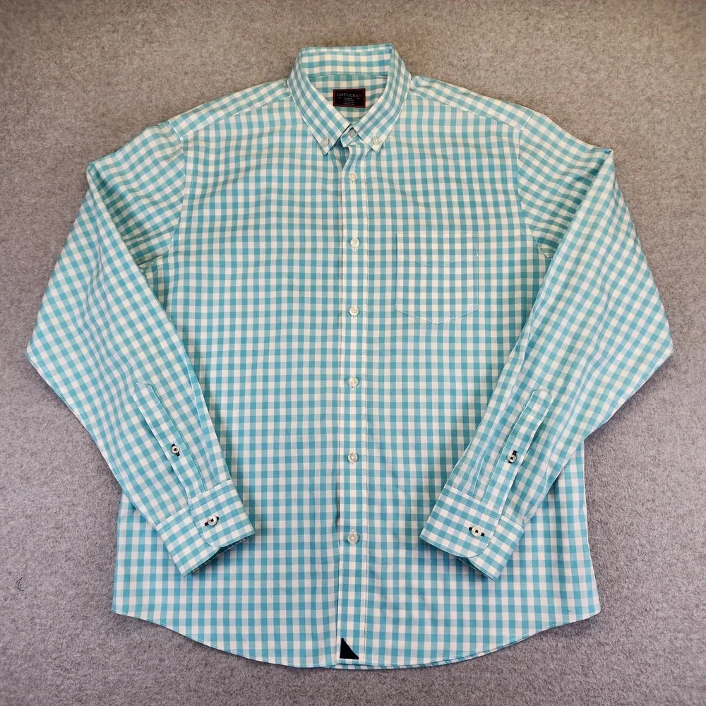 UNTUCKit Torrance Mens L Long‎ Sleeve Button Shirt Aqua Blue Gingham Check Plaid